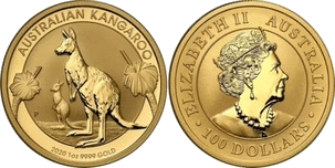 Złota moneta Australia 100 dolarów 1 oz Kangaroo – rewers z kangurem w skoku