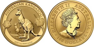 Złota moneta Australia 100 dolarów 1 oz Kangaroo – rewers z kangurem w skoku