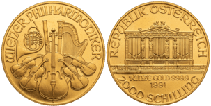 Złota moneta Austria 2000 szylingów 1 oz – Wiedeński Filharmonik, instrumenty muzyczne