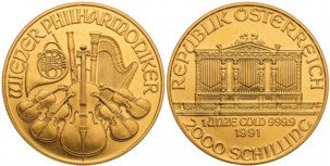 Złota moneta Austria 2000 szylingów 1 oz – Wiedeński Filharmonik, instrumenty muzyczne