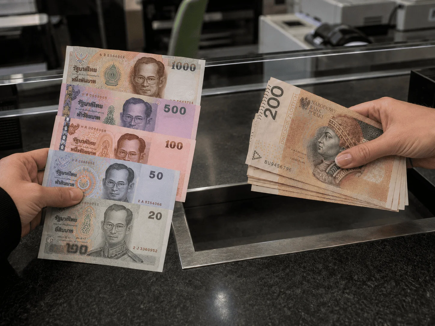 Banknoty batów tajlandzkich (THB) – wymiana bahtów w kantorze Argentarii, Warszawa Wola