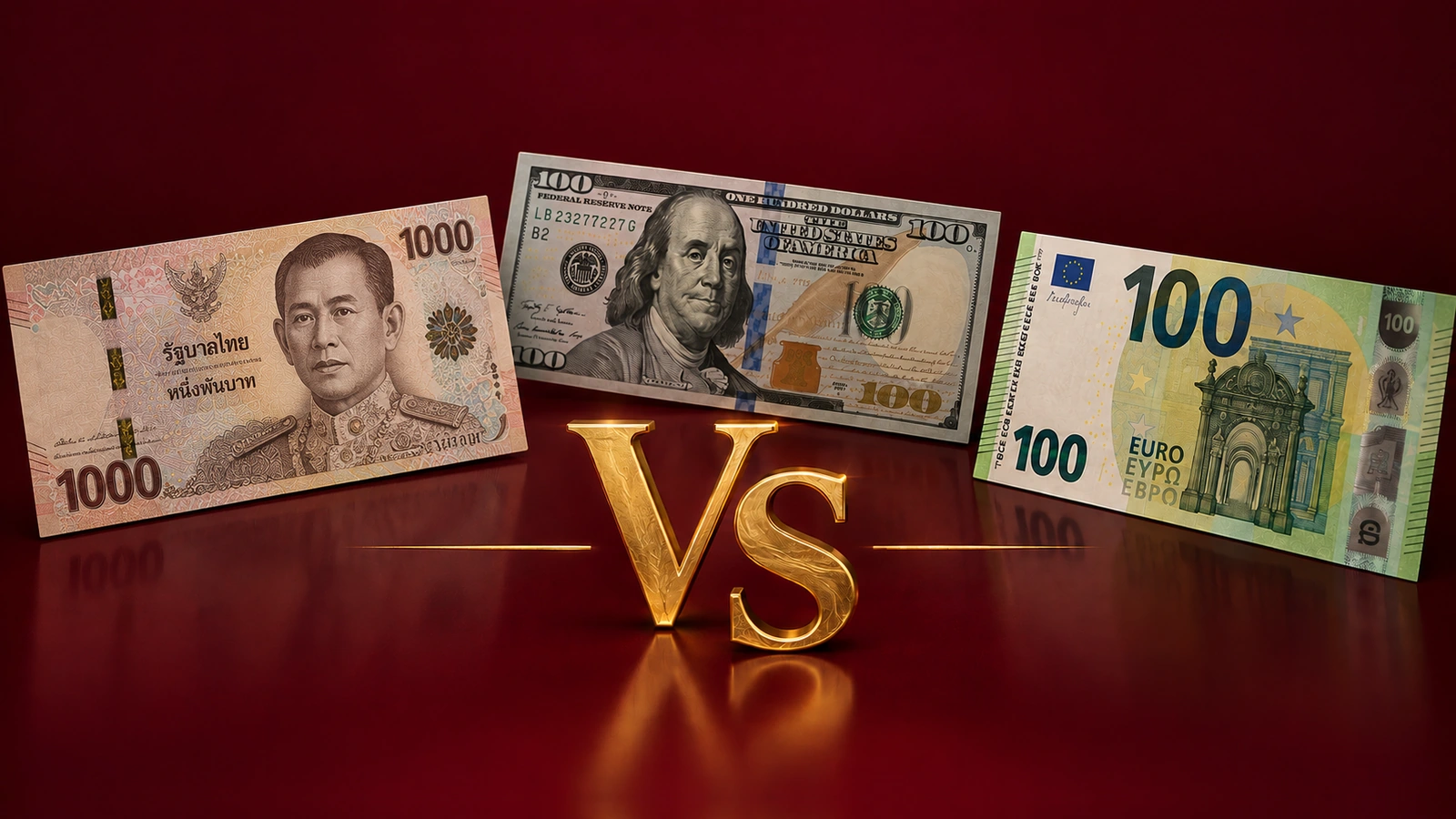 Banknoty 1000 batów, 100 dolarów i 100 euro na bordowym tle, jaka waluta w Tajlandii, kantor Argentarii, Warszawa Wola