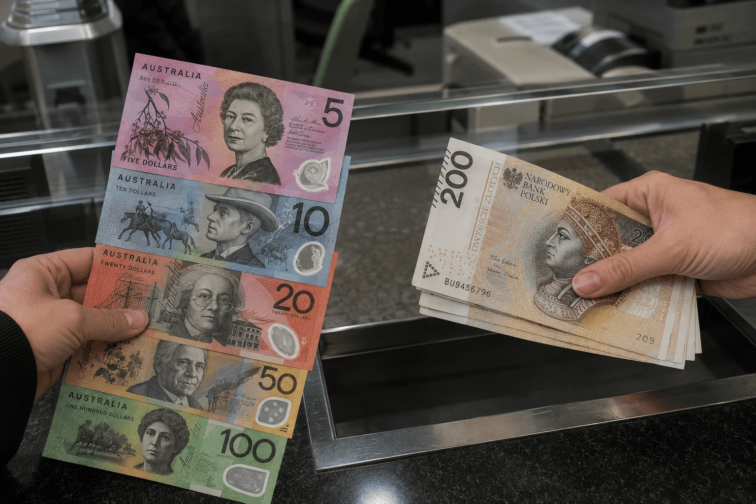Banknoty dolarów australijskich 5, 10, 20, 50 i 100 AUD oraz banknoty 200 zł przy okienku kantoru Argentarii, Warszawa Wola