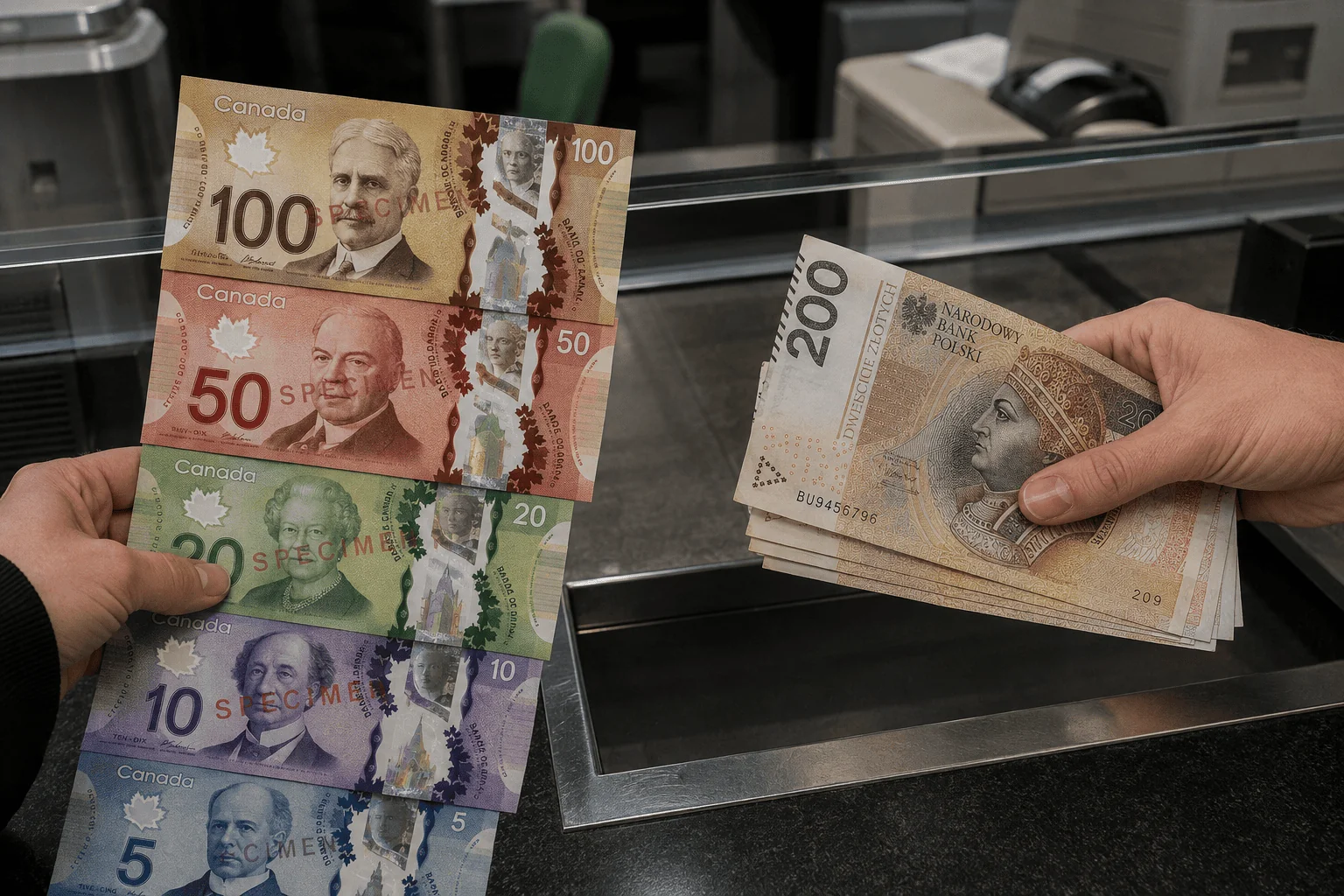 Banknoty 5, 10, 20, 50 i 100 dolarów kanadyjskich oraz banknoty 200 zł przy okienku kantoru Argentarii, Warszawa Wola