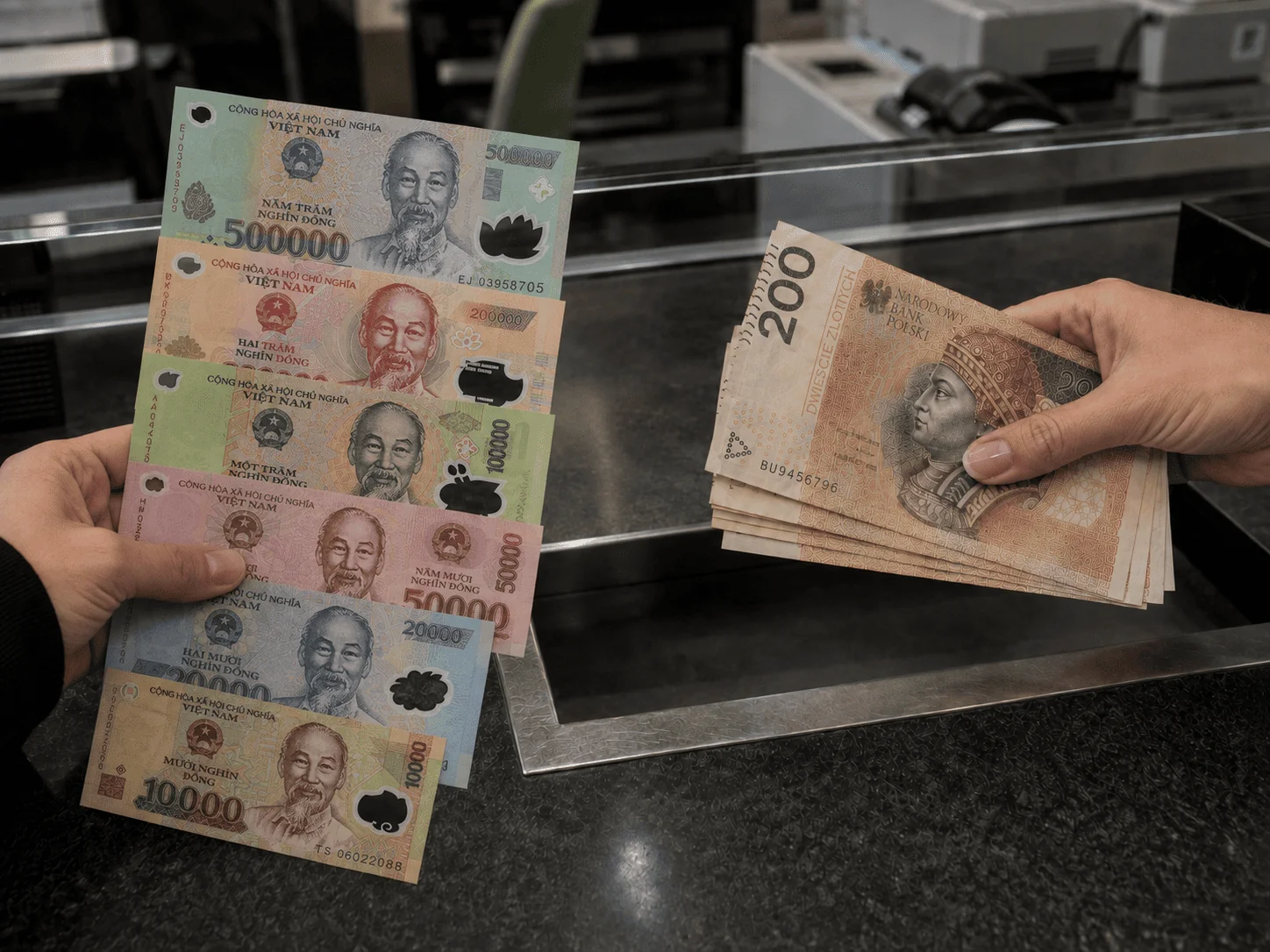 Banknoty dongów wietnamskich (VND) i złotówki przy okienku kantoru Argentarii, Warszawa Wola