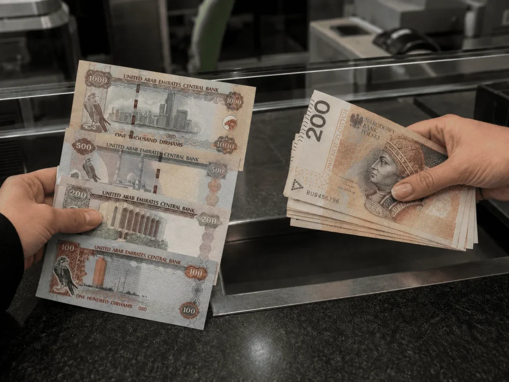 Banknoty dirhamów ZEA (AED) – wymiana dirhama emirackiego w kantorze Argentarii, Warszawa Wola