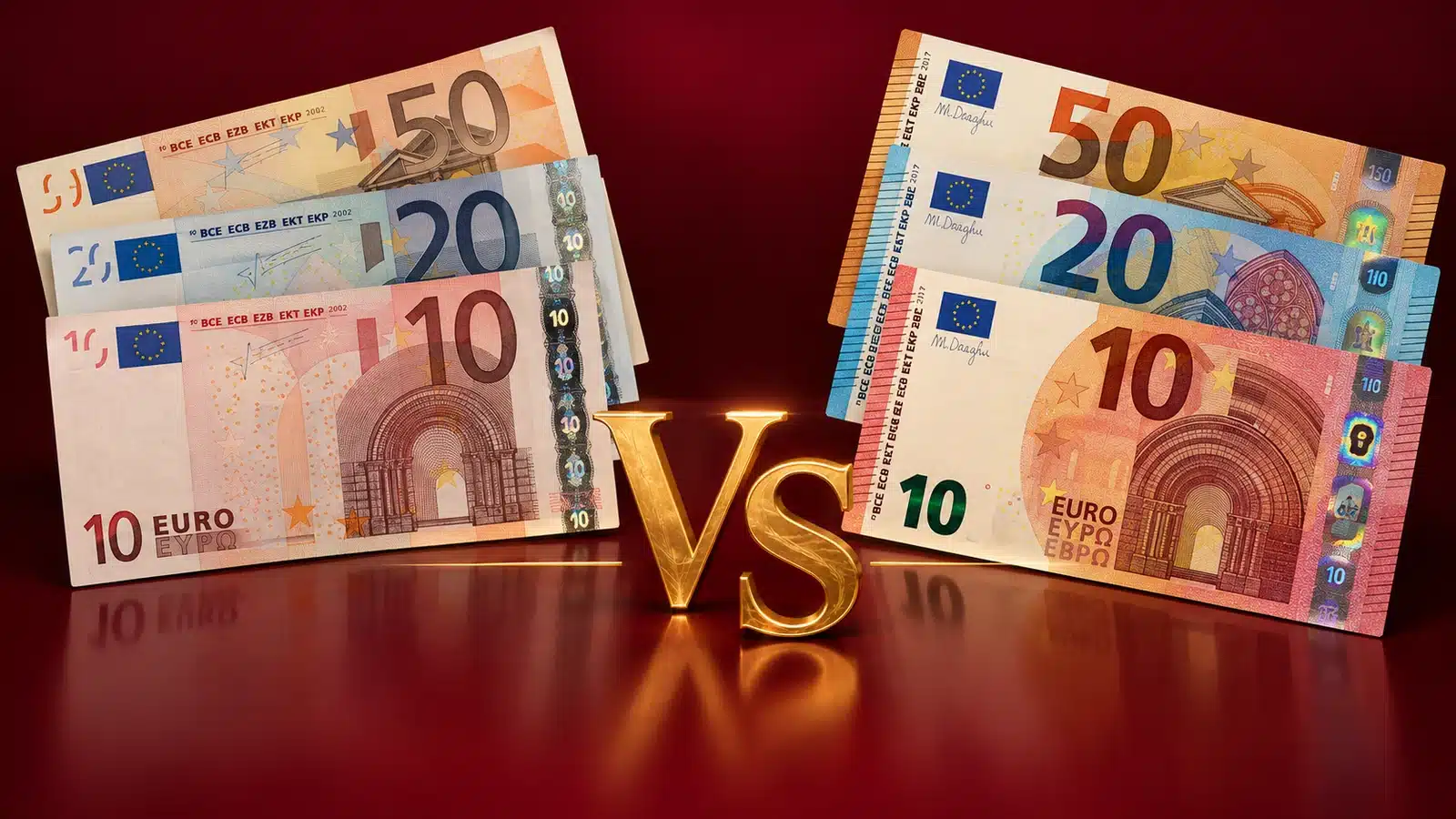 Banknoty euro 10, 20 i 50 pierwszej serii obok banknotów serii Europa, historia euro, kantor Argentarii, Warszawa Wola