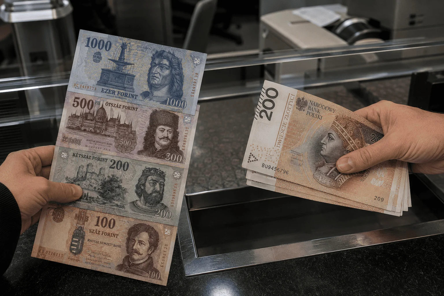 Hungarian forint banknotes in a customer hand and 200 złoty notes held by a teller at the Argentarii exchange office, Warsaw Wola