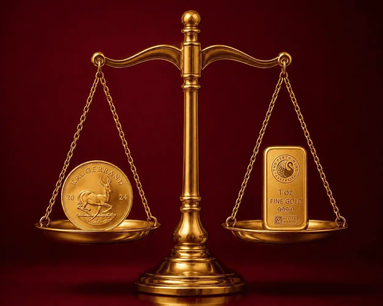 Złota moneta Krugerrand i sztabka 1 uncja złota na szalkach wagi, kantor Argentarii, Warszawa Wola