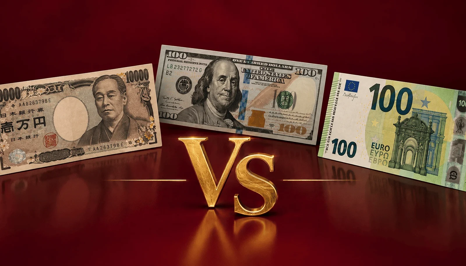 Banknoty 10 000 jenów, 100 dolarów i 100 euro na bordowym tle, jaka waluta w Japonii, kantor Argentarii, Warszawa Wola