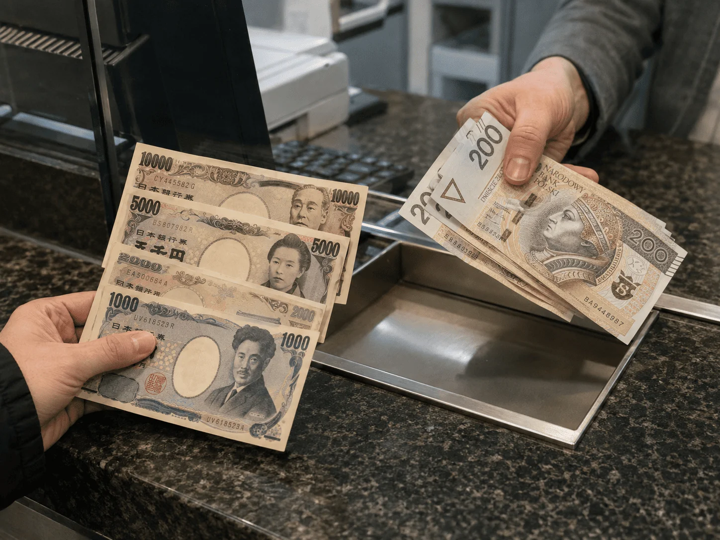 Banknoty jenów japońskich 1000, 2000, 5000 i 10 000 oraz banknoty 200 zł przy okienku kantoru Argentarii, Warszawa Wola