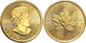 Złota moneta Kanada 50 dolarów 1 oz Maple Leaf – rewers z liściem klonu