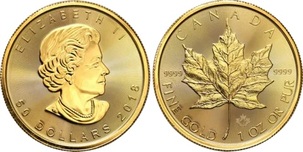 Złota moneta Kanada 50 dolarów 1 oz Maple Leaf – rewers z liściem klonu