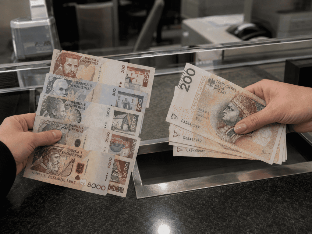 Banknoty leków albańskich (ALL) – wymiana leka albańskiego w kantorze Argentarii, Warszawa Wola