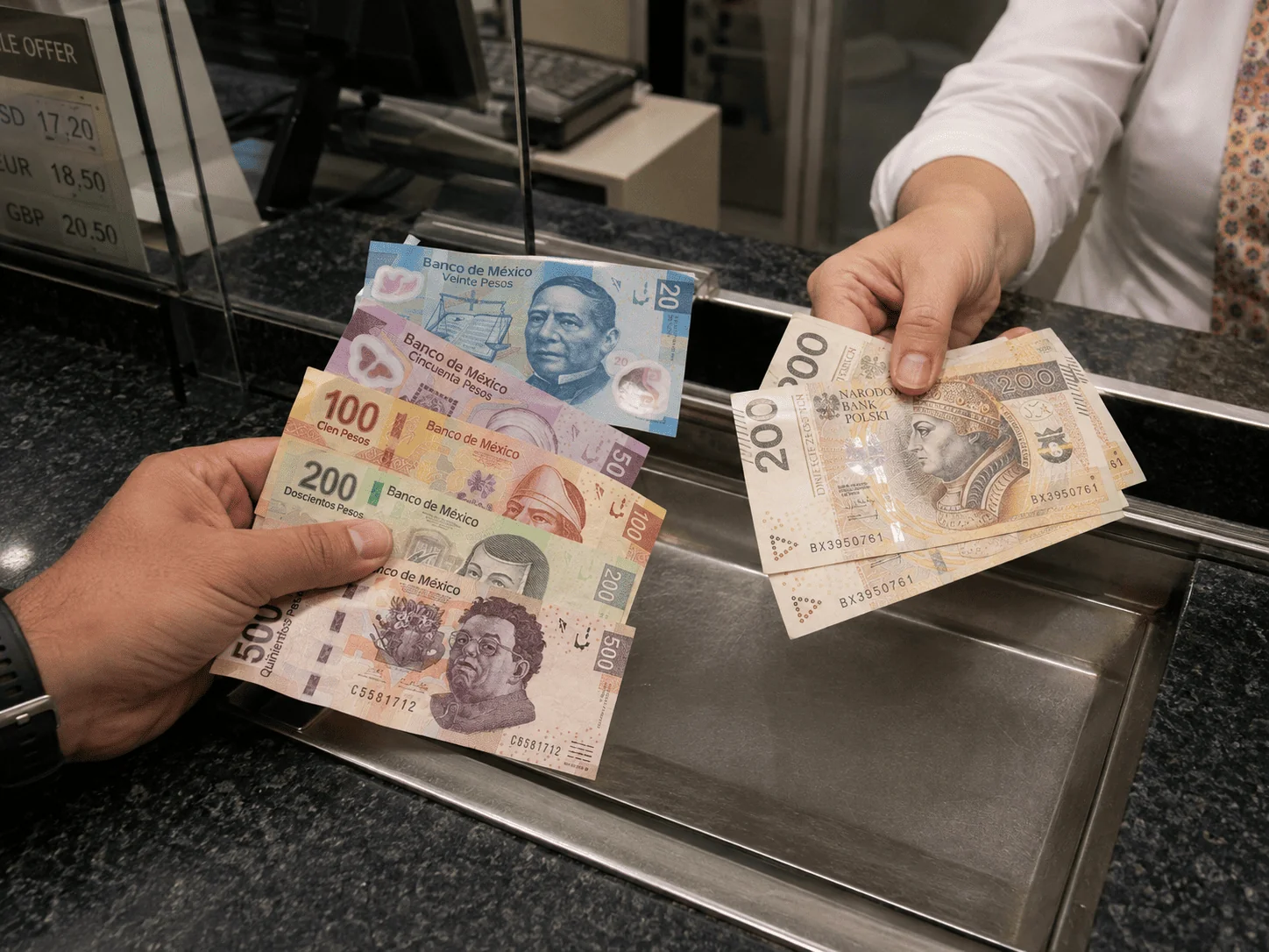 Banknoty peso meksykańskich 20, 50, 100, 200 i 500 pesos oraz banknoty 200 zł przy okienku kantoru Argentarii, Warszawa Wola