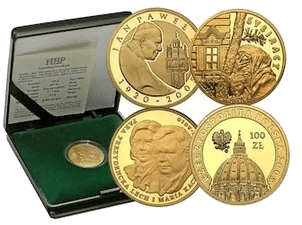 Złota moneta Polska 100 złotych NBP – awers z Orłem Rzeczypospolitej, różne roczniki