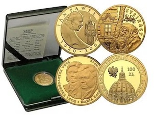 Złota moneta Polska 100 złotych NBP – awers z Orłem Rzeczypospolitej, różne roczniki
