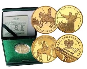 Złota moneta Polska 200 złotych NBP – awers z Orłem Rzeczypospolitej, różne roczniki