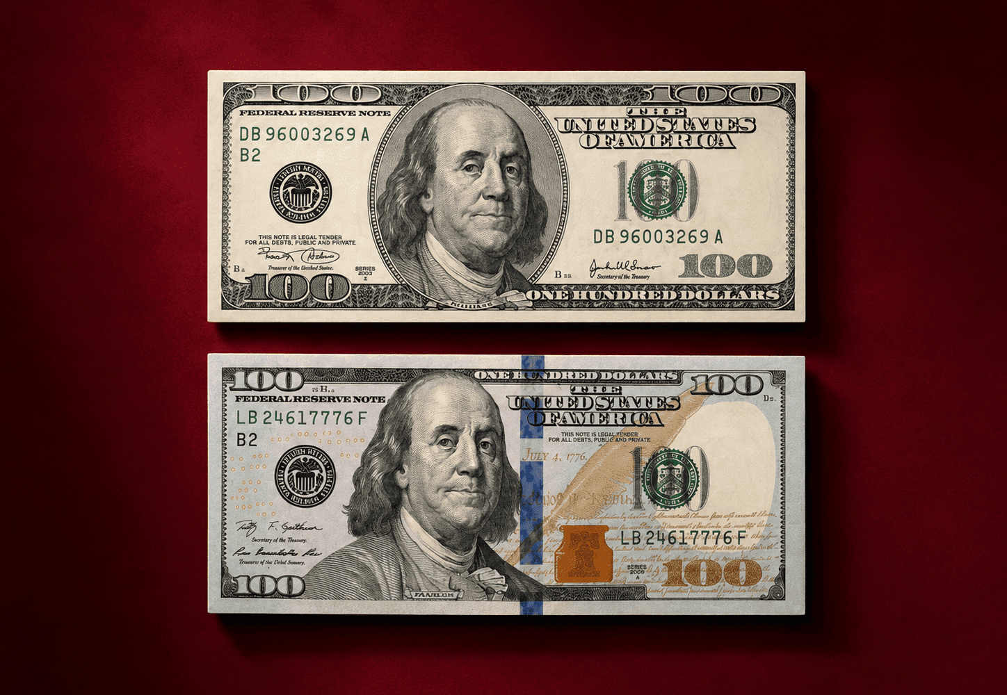 Banknoty 100 dolarów (USD), generacja z 1996 roku i kolorowa z 2013 roku, kantor Argentarii, Warszawa Wola