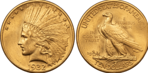 Złota moneta USA 10 dolarów Indian Head Eagle – awers z profilem głowy Indianina w czepcu