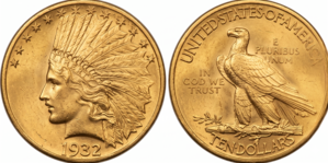 Złota moneta USA 10 dolarów Indian Head Eagle – awers z profilem głowy Indianina w czepcu