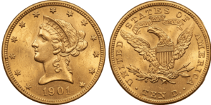 Złota moneta USA 10 dolarów Liberty Head Eagle – awers z portretem Wolności w koronie