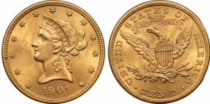 Złota moneta USA 10 dolarów Liberty Head Eagle – awers z portretem Wolności w koronie