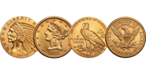 Złota moneta USA 5 dolarów Half Eagle – różne typy, awers z portretem Wolności lub Indianina