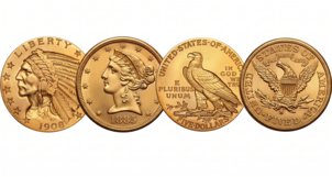 Złota moneta USA 5 dolarów Half Eagle – różne typy, awers z portretem Wolności lub Indianina