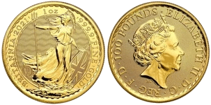 Złota moneta Wielka Brytania Britannia 1 oz – rewers z boginią Britannią z trójzębem