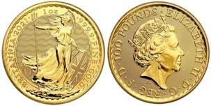 Złota moneta Wielka Brytania Britannia 1 oz – rewers z boginią Britannią z trójzębem