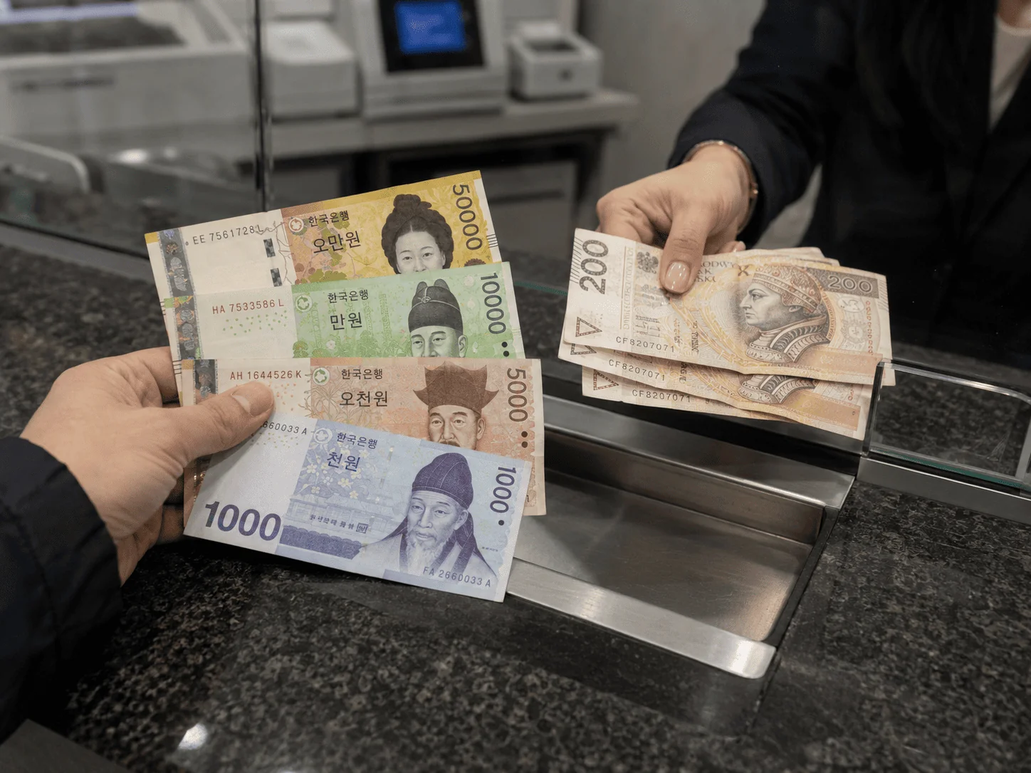South Korean won banknotes of 1,000, 5,000, 10,000 and 50,000 won and Polish złoty at the Argentarii exchange counter in Warsaw Wola