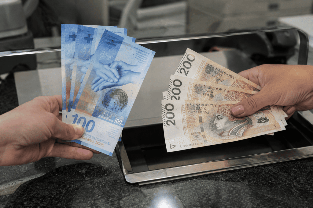 Dłoń z frankami szwajcarskimi i dłoń ze złotówkami – wymiana CHF na PLN w kantorze Argentarii