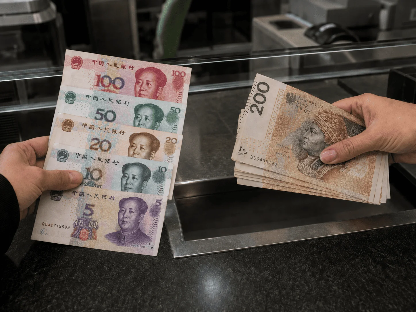Banknoty juanów chińskich (CNY) – wymiana juana w kantorze Argentarii, Warszawa Wola